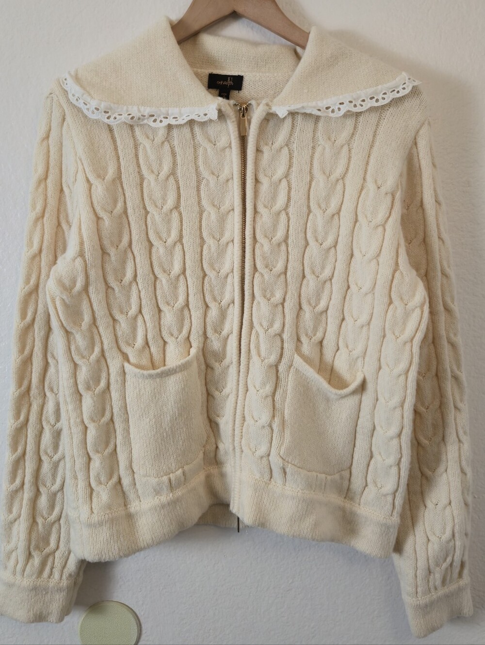 Ontwelfth Cream Cable Knit Zip-Front Sweater with Lace-Trim Collar